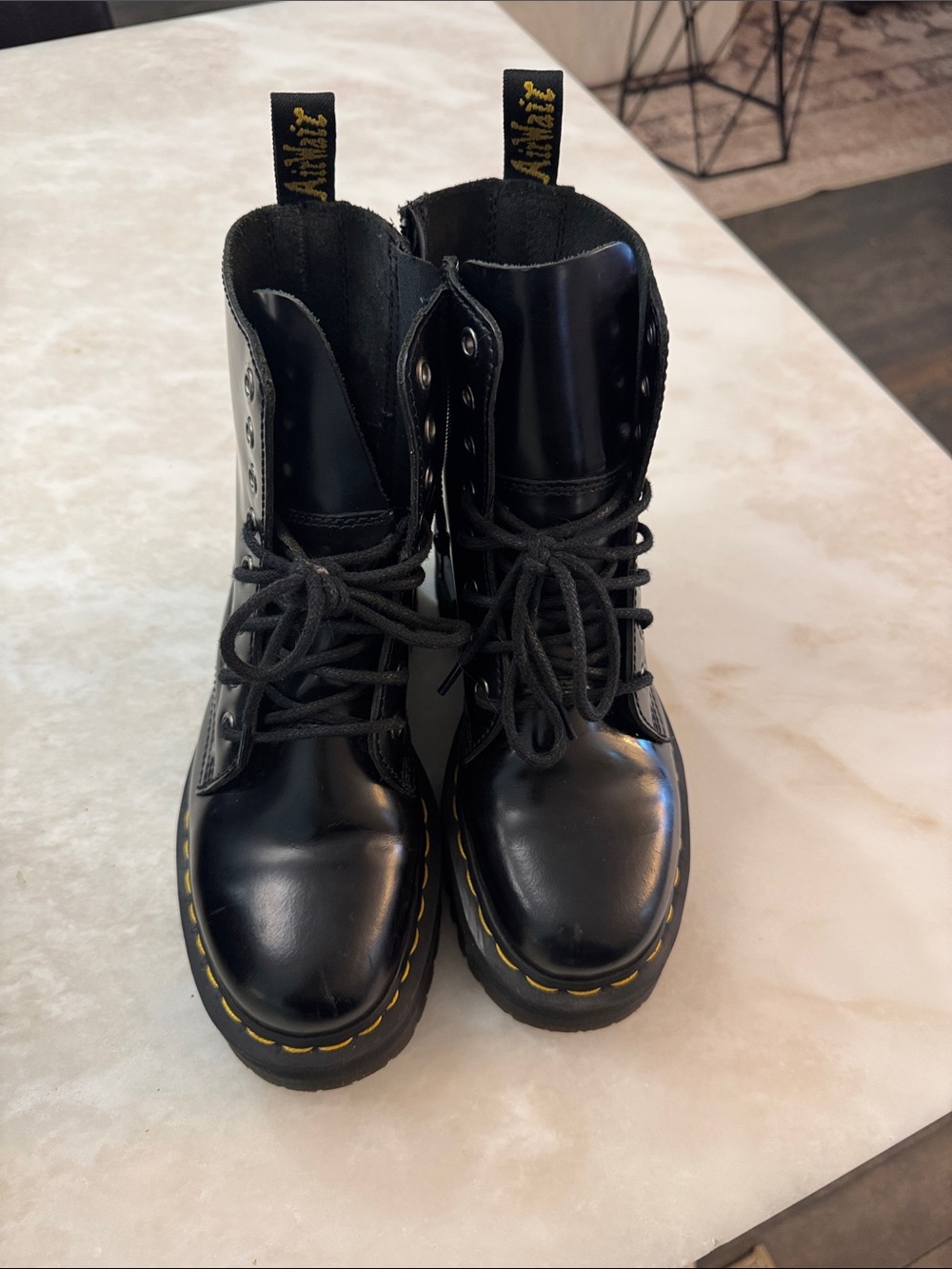 Dr. Martens Black Leather 8-Eye Lace-Up Boots with Yellow Stitching